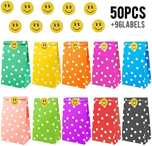 JUSUNG 50 Pcs Paper Party Bags Small Gift Favor Bag Dot Pattern with 96 Smile Face Stickers for Kids Adults' Birthday Supplies
