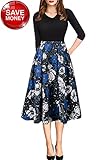 Women Vintage Casual Swing 3/4 Sleeve Patchwork Floral Midi Dress with Pockets for Work