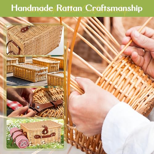 Wicker Picnic Basket Wicker Picnic Basket for 4 Person Woven Basket with Integrated Insulation and Waterproof Tarpaulin, Complete Set with 4 Cutlery, Plates, Glasses for Camping Garden BBQ