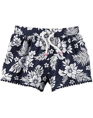 Girl Pompom Trim Floral Printed Shorts; Navy, 4T
