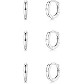 Small Cartilage Hoop Earrings for Women Men, 3 Pairs Hypoallergenic Sterling Silver Post Huggie Earrings, 8/10/12mm, Silver/Gold/Black