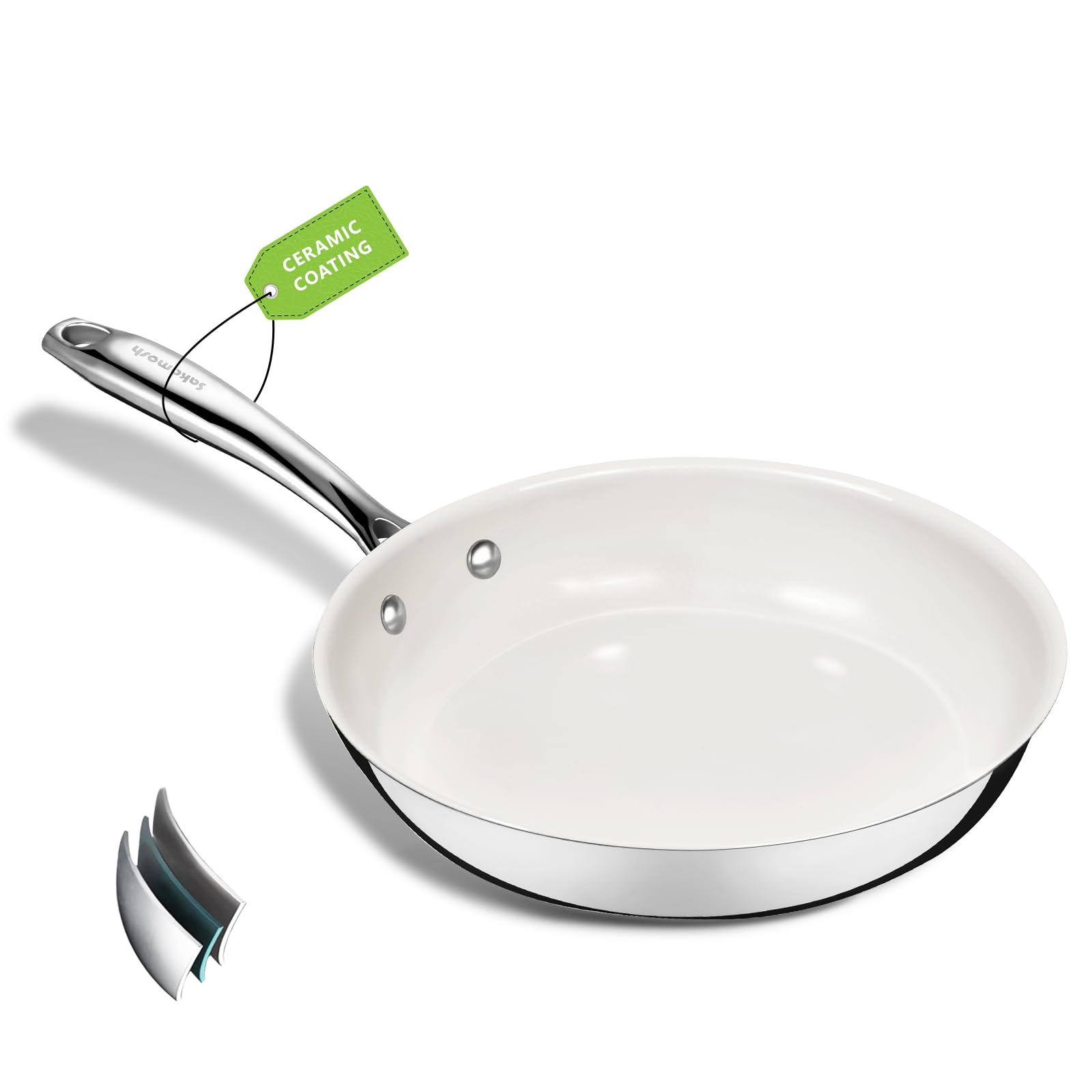 Photo 1 of *** factory sealed ***SAKAMOSH 8 Inch Nonstick Ceramic Frying Pan, Tri-Ply Stainless Steel Skillet with Stay-Cool Handle, PFAS/PFOA/PTFE Free, No Seasoning Required, High Heat & Induction Safe, Dishwasher/Oven Safe