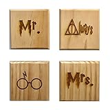Harry Potter Mr. and Mrs. Coasters (By Brindle Designs): engraved set of 4 wood coasters - Mr., Mrs., Always Deathly Hollows, Harry (Harry Potter Wedding Gift)
