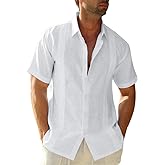 JEKAOYI Mens Casual Linen Cotton Button Down Short Sleeve Shirts Cuban Camp Guayabera Beach Tops