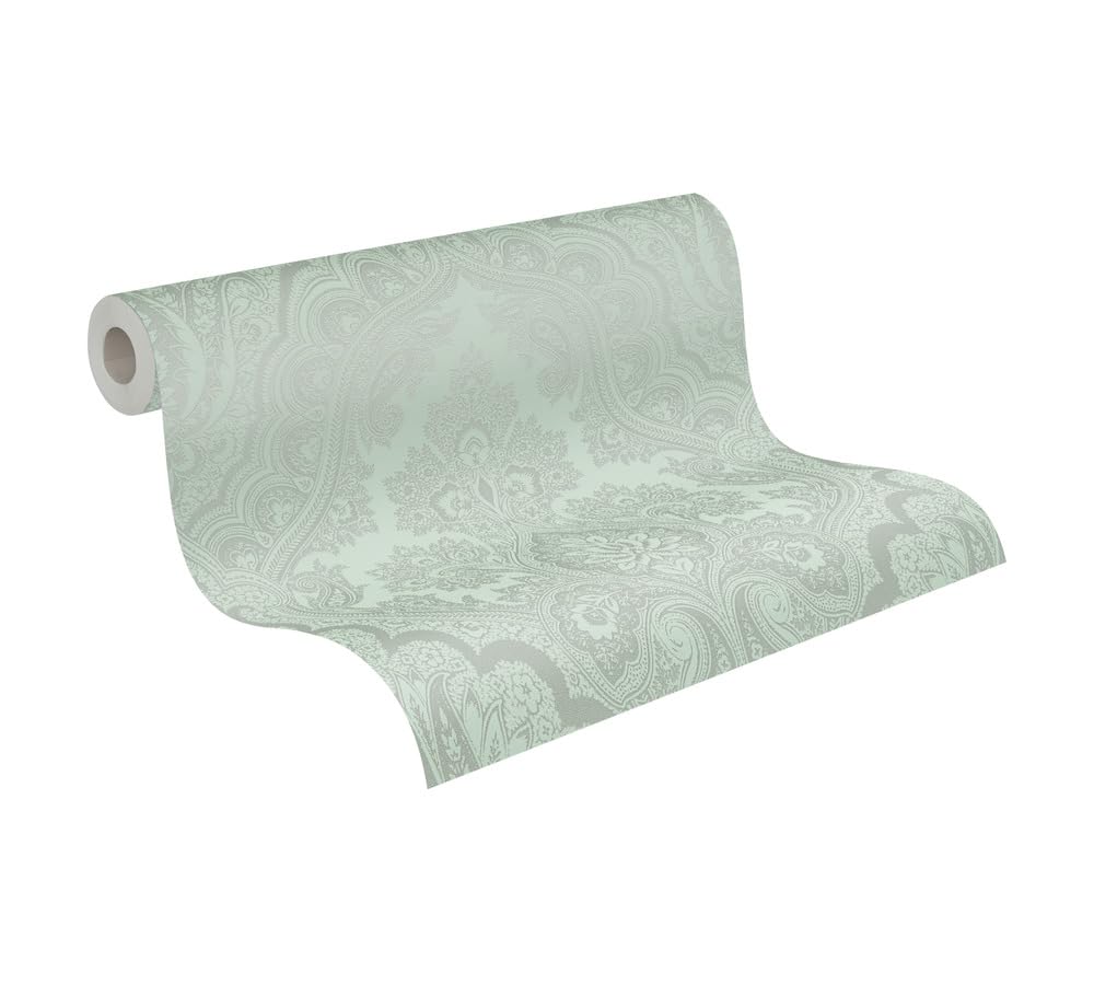 Livingwalls My Home My Spa 387081 Baroque Non-Woven Wallpaper Eucalyptus Green Ornament Glitter 10.05 x 0.53 m Made in Germany, Eucalyptus, Green, Silver