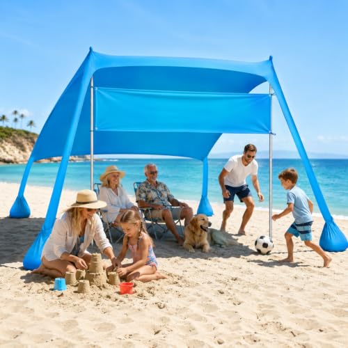 Anti UV UPF50+ Beach Tent 7ft x 7ft Sunshade Portable Canopy with 2 Pcs Aluminum Poles 4 Sand Bag Anchors Outdoor Shelter for Beach, Camping or Picnic, Blue