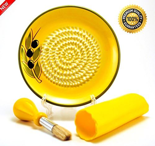All-in-one Ceramic Garlic Grater set by- CA primeproducts -Yellow Olive design with Garlic Peeler, Kitchen Brush, and BONUS Display Stand!