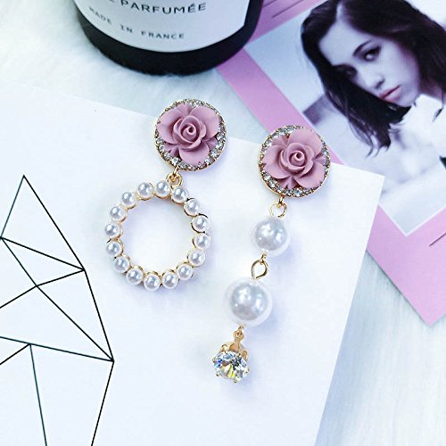 Super cents pink flowers asymmetrical earrings Korean temperament temperament long section of the three-dimensional personality pendant pearl earrings