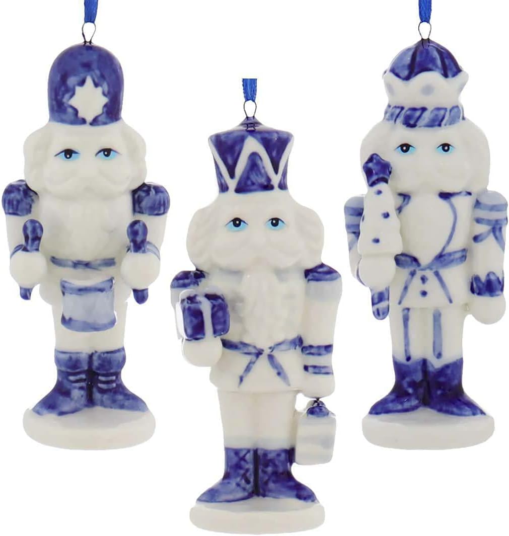 Ornaments - Porcelain Delft Blue Nutcracker Ornaments, 3 Assorted for Christmas