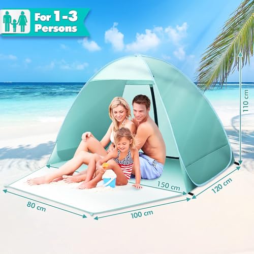 Beach Tent, Anti-UV 50+ Beach Tent with Zippered Back Door, Beach Shelter, 1-2 Persons, Small Packaging for Sun Protection, Beach, Garden