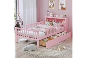 Bellemave Kids Platform Bed with Storage Headboard, Twin Size Kids Bed with 2 Under-Bed Drawers and 3-Side Guardrails (Pink)
