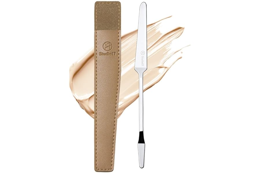 STUDIO17 Foundation Spatula Made of Stainless Steel | Professional Makeup Spatula for Even Application of Foundation | Double Edged Spatula for Small Area of Face | Pouch Included for Clean Storage