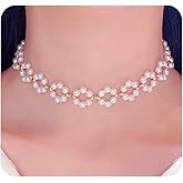 Small Flower Pearl Choker Necklace for Women Vintage Delicate Handmade Floral Beaded Necklaces Adjustable Choker Aesthetic Jewelry Wedding Accessories