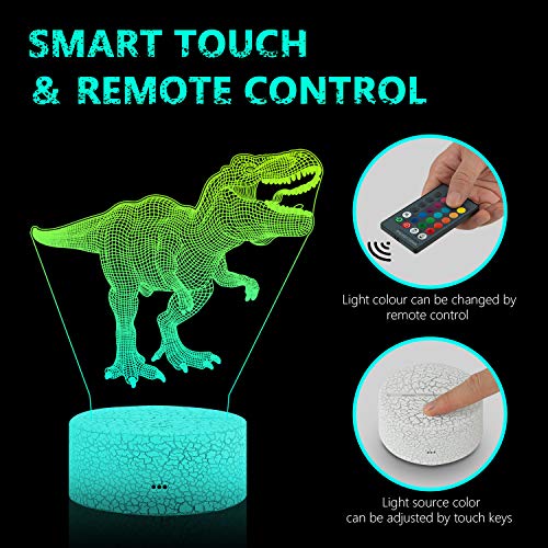 image for MaiKeEr 3D Night Light Dinosaur for Kids, 3D Illusion Lamp with Remote