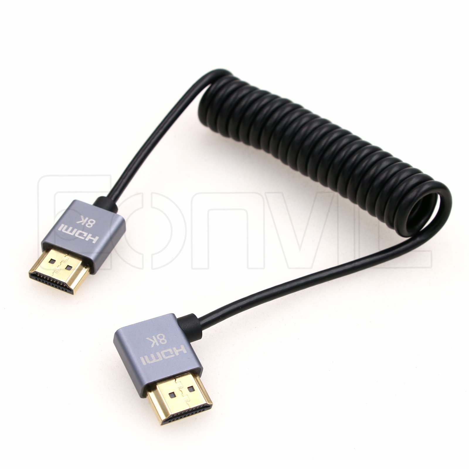 Eonvic 8K 2.1 HDMI to Right Angle HDMI Cable High Speed 48Gbps Coiled Cable for Atomos Ninja-V 4K-60P 6K-Record,Z-CAM, Canon-C70,Sony a7siii, Portkeys BM5 Monitor