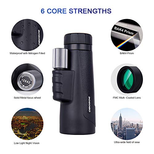 Monocular Telescope, 12 X 42 HD Compact Monocular with Phone Adapter and Metal Tripod, Waterproof Fog-Proof BAK4 Prisms Scope for Adults Bird Watching, Hunting, Camping,Traveling