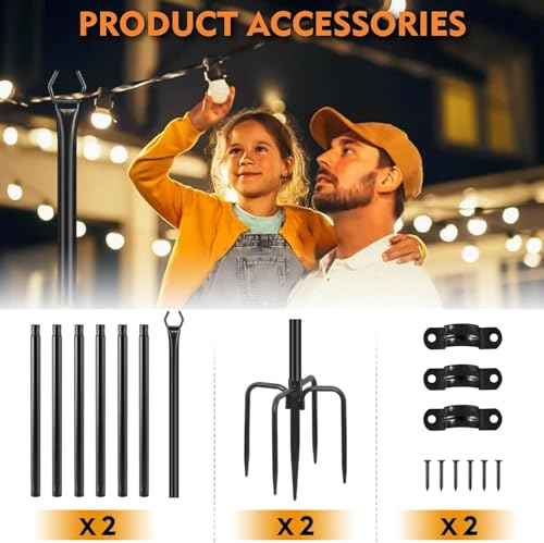 HoldOneLight String Light Pole for Deck - 2 Pack 9.8FT for Outside Hanging Steel String Poles for Outdoor Decoration Garden, Backyard, Patio Lighting Stand for Parties, Christmas, Wedding (2 Pack)