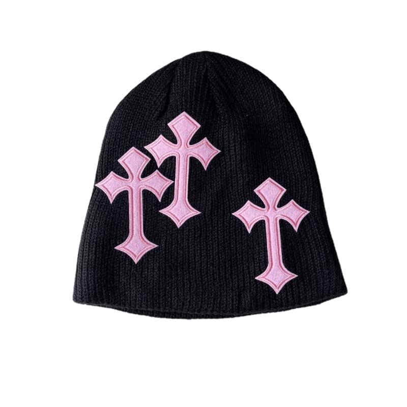 Pooyikoi Y2K Dark Cross Wool Hat Cross Pattern Fashion Loose Pile Hat Slim Knit Hat Cold Hat Autumn and Winter(Black,One Size)