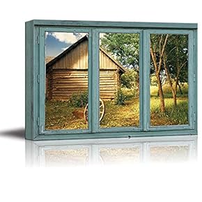 Looking Out Back Towards a Log shed and overturned Antique Wheelbarrow - Canvas Art Home Art - 24x36 inches