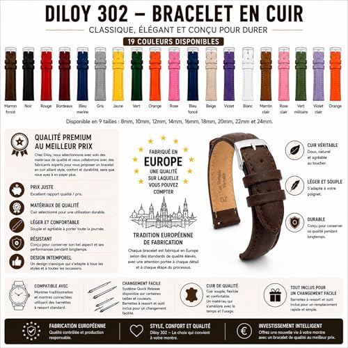 diloy Leather Strap for Classic Watch - Smooth Cowhide Leather with Stitching Padded Stainless Steel Clasp - Sizes 8mm, 10mm, 12mm, 14mm, 16mm, 18mm, 19mm, 20mm, 22mm, 24mm 302