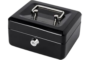 LOVNDI Small Lock Box with Money Tray, Cash Box for Kids, Portable Metal Money Safe for Cash, Lockbox Black