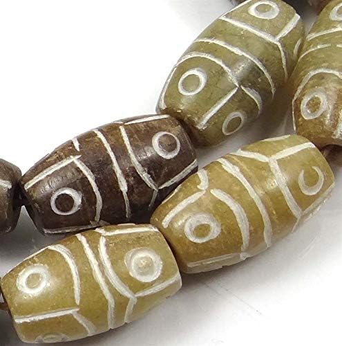 20x12mm Carved Moss/Honey Jade Barrel Evil Eye Dzi Tibetan Style Beads (8)