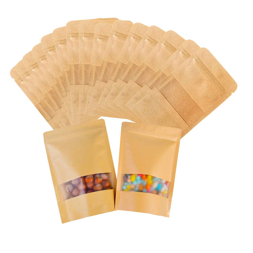 Kraft Paper Bags with Window, Reusable Ziplock Food Storage Bag, Waterproof Self-sealing Stand Up Pouch Bags Brown Paper Bag for Cookies Candy Tea Coffee Beans Seeds (50pcs, 10 x 15 cm)