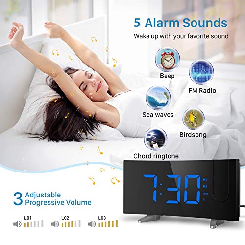 PICTEK Projection Alarm Clock, 15 FM Radio Alarm Clock, 5'' Large