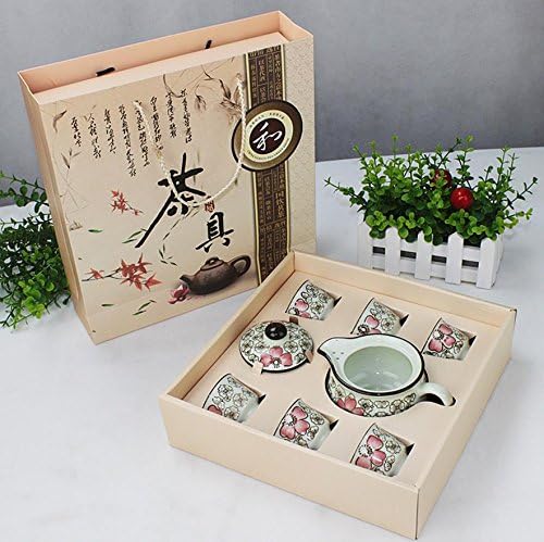 JKCOM Chinese KungFu Tea Set Porcelain/Ceramic Tea Service Tea Pot TeaCups and Saucers Set Handmade Tea Mug Set(Pink)