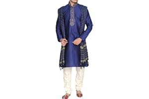 SONISHA MKP9007 Blue and Ivory Men's Kurta Pyjama Indian Suit Bollywood Sherwani