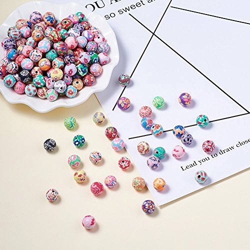 Kissitty 200-Piece Mixed Color Handmade Flower Pattern Polymer Clay Round Ball Beads 10mm for DIY Jewelry Making
