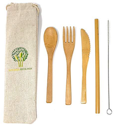 Kitchen Ecologix Bamboo Utensils | Lightweight Reusable Utensils With Case | Eco Friendly Camping Cutlery Set In Pouch | Perfect Zero Waste Lunch Utensil Set For The Office, School & Travel