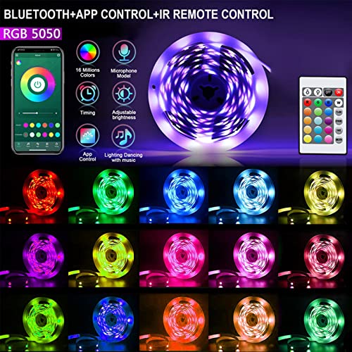 50 feet Bluetooth LED Strip Light for Bedroom, Change Color (16 million) Dimmable, 22 Style with