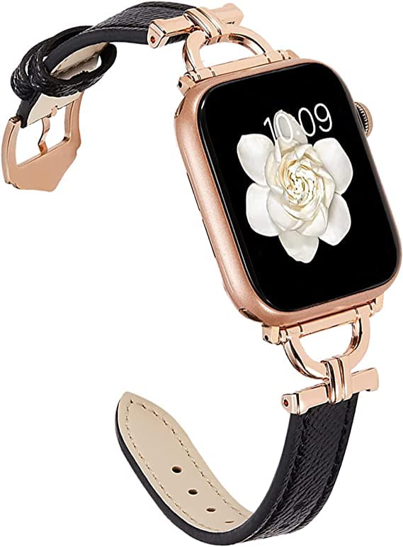 Miimall Compatible with Apple Watch 41mm/40mm/38mm Leather Strap, Slim Adjustable Band with Metal D-Shaped Strap Connector for Women, Replacement Bracelet Strap for iWatch 9 8 7 6 5 4 3 2 1 SE, Black