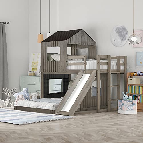 MERITLINE House Bed Bunk Beds with Slide Twin Over Full Size Bunk Bed ...