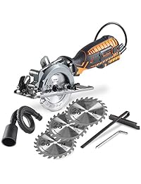 VonHaus - Sierra circular compacta de 4.0 in (5,8 Amp, con función de inglete ajustable, 0° a 45°, puerto para polvo, manguera de vacío y 4 cuchillas para corte de madera)