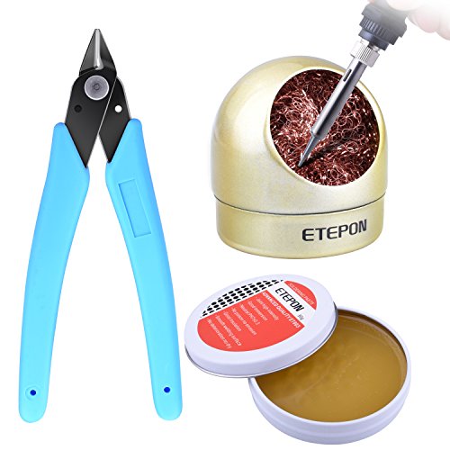 Etepon 3-in-1 Soldering Iron Assist Tool Solder Iron Accessories Kit Electronics With 170II Micro-Shear Wire Flush Cutter Pliers, Rosin Solder Flux Paste, Wire-Type Welding Tip Cleaner Ball Holder