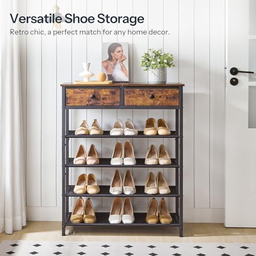 HOOBRO 5 Tier Shoe Racks for Entryway, Free Standing Shoe Shelf with 2 Non-Woven Drawers, Narrow Shoe Rack Shoe Organizer with 4 Oxford Shelves, 12-16 Pair of Shoe, Rustic Brown EBF78XJ01