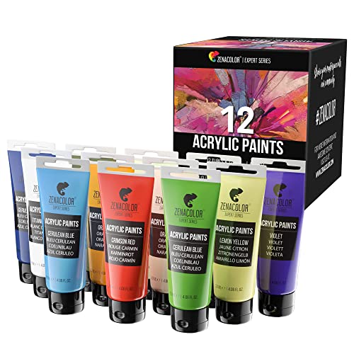 Large Acrylic Paint Set, 12 Tubes of 4 Oz / 120mL, 12 Acrylic Paints