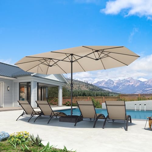 PURPLE LEAF 15ft Double-Sided Rectangle Patio Market Umbrella with Base, Crank Lift, 12 Black Heavy-Duty Ribs – Outdoor Sunshade for Pool, Beach, Deck, and Backyard Beige