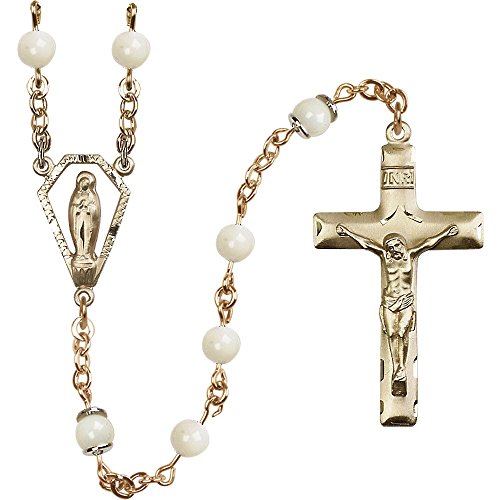 14kt Yellow Gold Filled Rosary 6mm Mother of Pearl beads, Crucifix sz 1 5/8 x 7/8. Miraculous medal charm