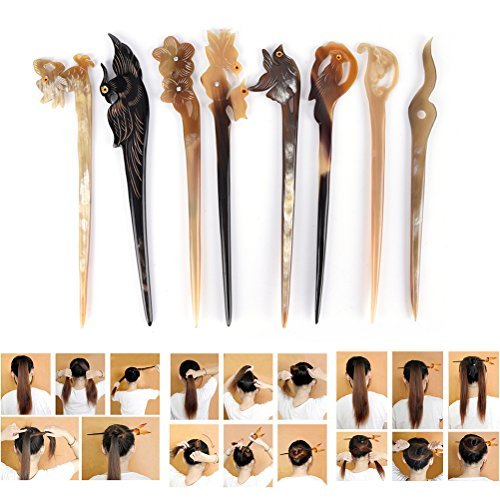 Ioffersuper 8 Pcs Different Pattern Classic Hand Polished Horn Original/Retro Stick Hair Pin For Women Lady,Pattern Random