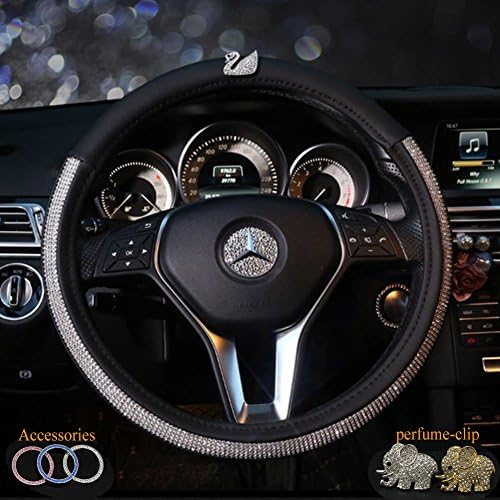 ALVAZA Crystal Car Steering Wheel Cover Bling Bling Rhinestones Car Diamond with Genuine Leather and Swan Decro Not Slip Breathable Steering Covers with 3 Pieces Bling Rings and 1 Piece Perfume Clip