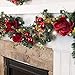 [9 Foot Artificial Christmas Garland] - Red Magnolia Collection - Red and Gold Decoration - Pre Lit with 100 Warm Clear Colored LED Mini Lights - Includes Remote Controlled Battery Powered Timer