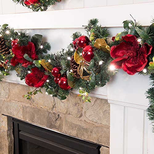 9 ft. Artificial Pre Lit LED Decorated Christmas Garland- Red Magnolia decorations -100 super mini LED warm clear colored lights with timer and battery pack for indoor and outdoor use