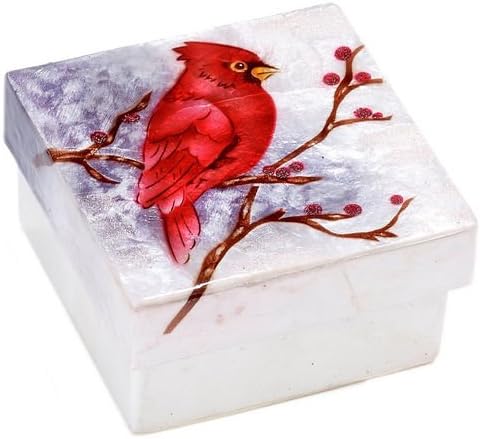 Kubla Craft Capiz Shell Trinket Box Snowy Cardinal