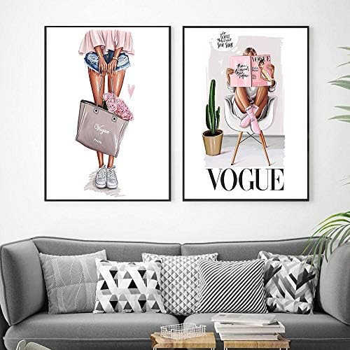 Amazon 絵画 インテリア インテリア 絵 おしゃれ アートパネル ノルディックヴォーグキャンバス絵画ポスターとプリントファッションガールとバッグガールキャンバス壁アート装飾画像リビングルームの家の装飾50x70cmx2非フレーム ウォールステッカー オンライン通販