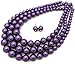 Women's Faux Pearl Three Multi-Strand Statement Necklace and Earrings Set (Purple)