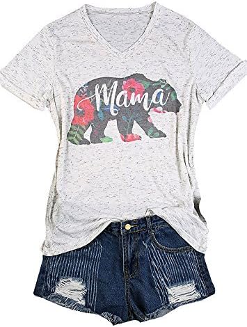 Women's Mama Bear Floral Printed Short Sleeve V-Neck Casual T-Shirt Blouses