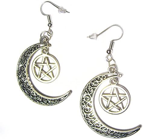 VanillaTron Crescent Moon with Pentagrams Silver Plated Hook Charm Earrings Witchy Gothic